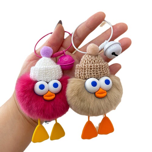 Real rex rabbit fur duck car keychain pendant cute little briquettes plush doll doll school bag pendant
