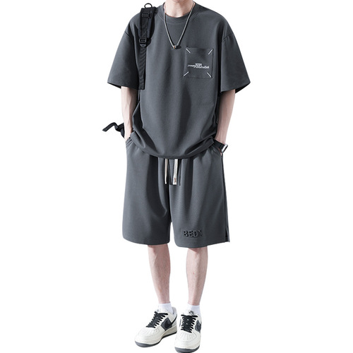 Men's Summer Thin Quick-Dry Running Suit Loose Sport Basketball Shorts with Ice Silk Short-Sleeve T-shirt