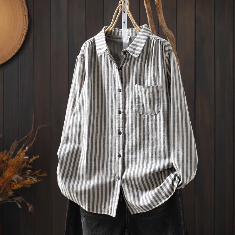Gray Striped Shirt Women's Top 2026 New Spring Stylish and Beautiful Pure Cotton Long-Sleeve Regular Shoulder Shirt Jacket