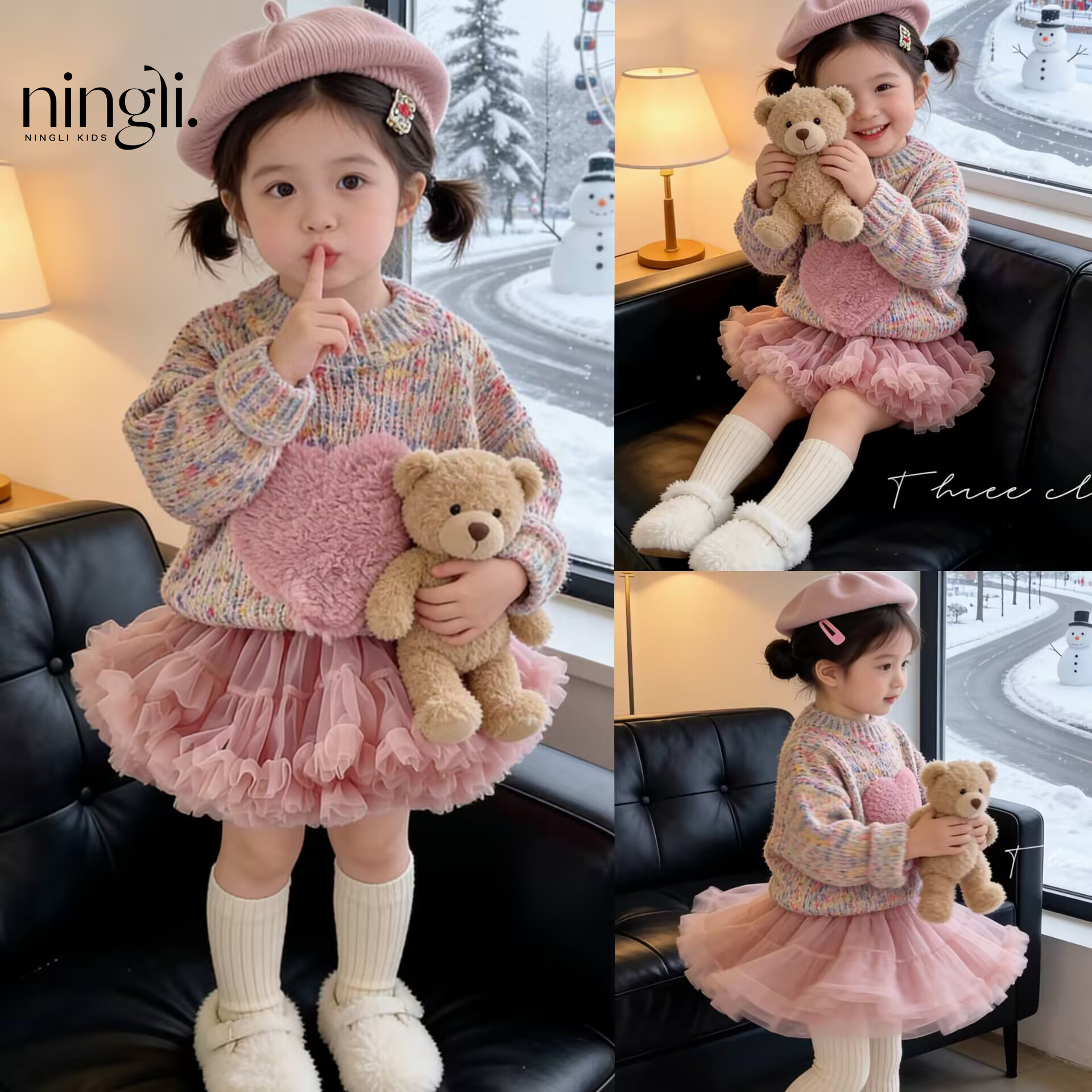 柠里女童秋冬装新款洋气彩色爱心针织毛衣宝宝周岁tutu半身裙套装