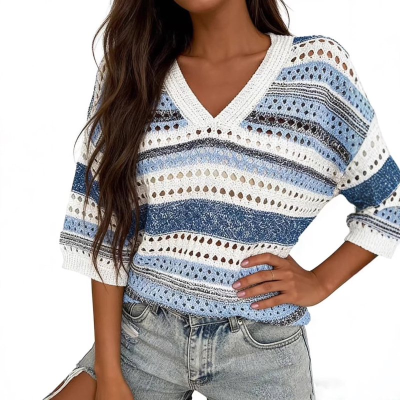 European and American Style Retro Hollow-Out Striped Knit Sweater for Women, V-Neck, Loose Fit, Slimming, Vacation Style, Summer Mid-Sleeve Sweater European and American Style Retro Hollow-Out Striped Knit Sweater for Women, V-Neck, Loose Fit, Slimming, Vacation Style, Summer Mid-Sleeve Sweater
