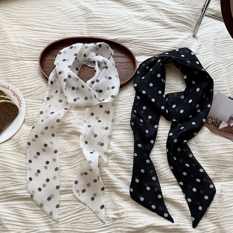 Bufanda de seda para mujer, banda larga, sensación de alta calidad, doble capa, lunares, cinta de moda, bufanda decorativa, bufanda, cinturón para el cabello