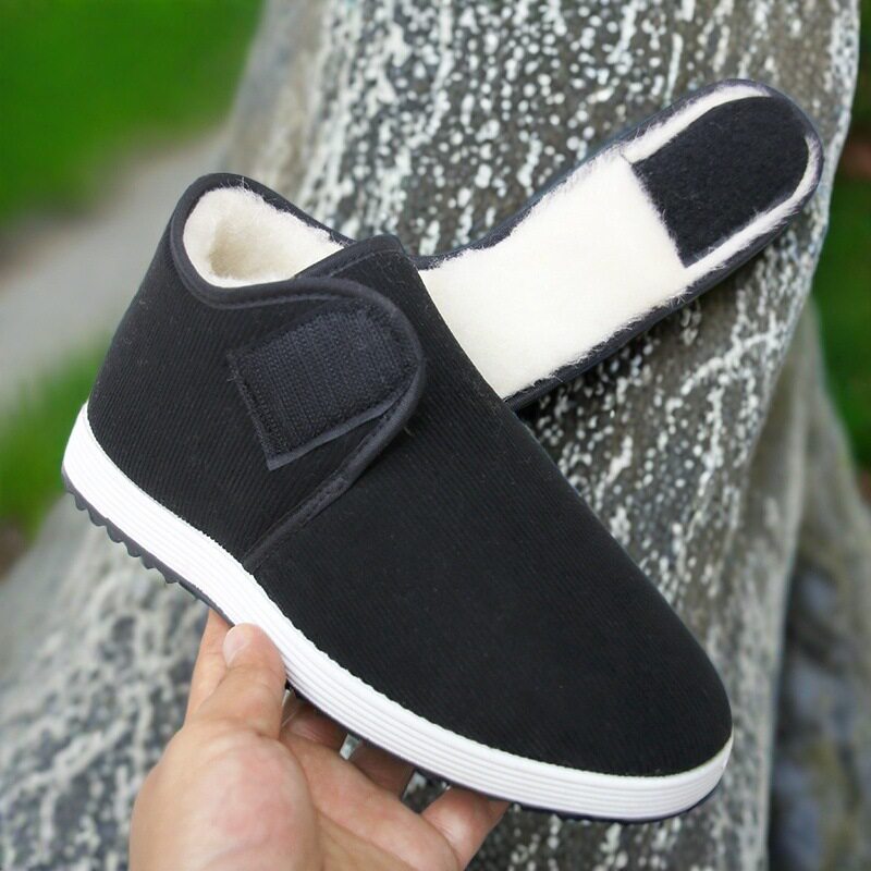 Giày bông mùa đông cổ cao lót lông giữ ấm, giày vải dán Velcro chống trượt cho nam nữ — 8001 Vải cotton dán - màu đỏ, 8001 Vải cotton dán Velcro - màu đen chi tiết 8