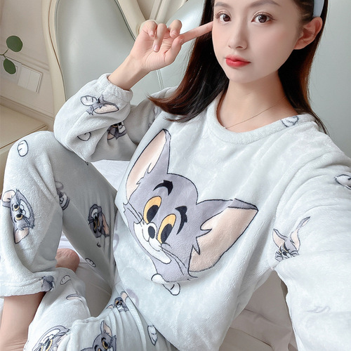 Women's Flannel Pajama Set Direct Factory Sale Autumn/Winter Warm Sweet Coral Fleece Cross-border Homecoming Wear