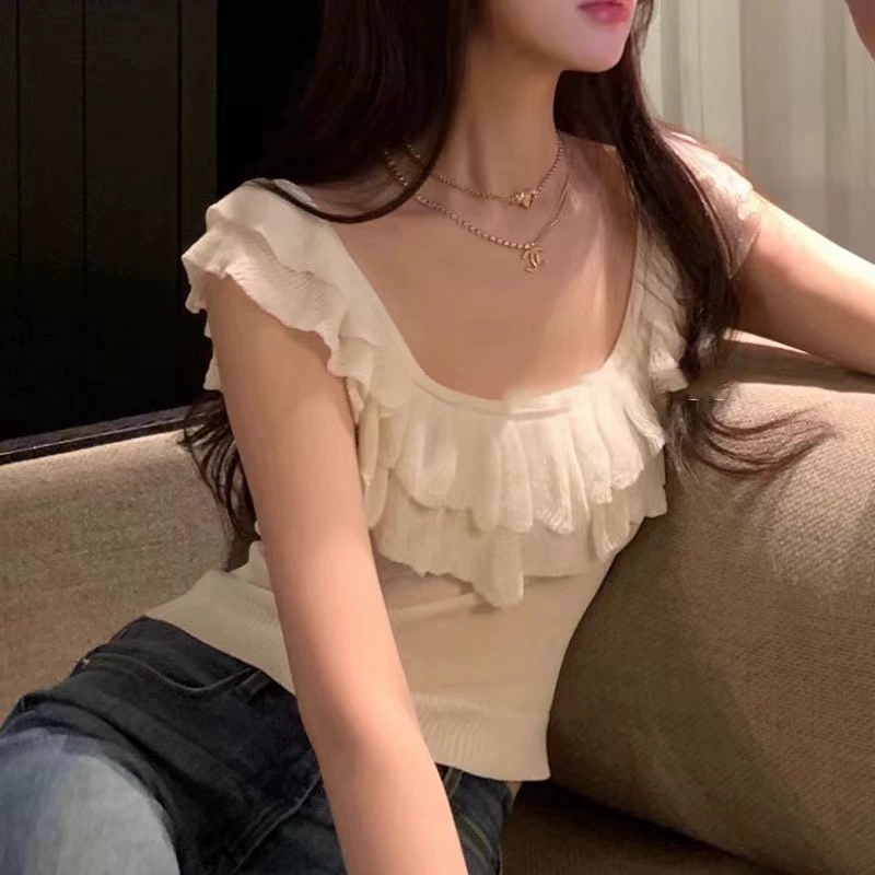 Темперамент с круглым вырезом из листьев лотоса маленький летающий рукав трикотажный свитер женская футболка летом тонкая и тонкая горячая девушка короткий топ новый