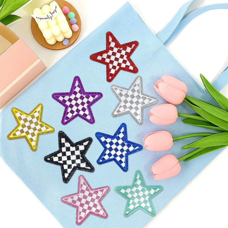 市松模様の五芒星スパンコール刺繍布ステッカーマルチカラー DIY ファッション装飾ステッカー、エッジにグリッタースパンコール付き|undefined