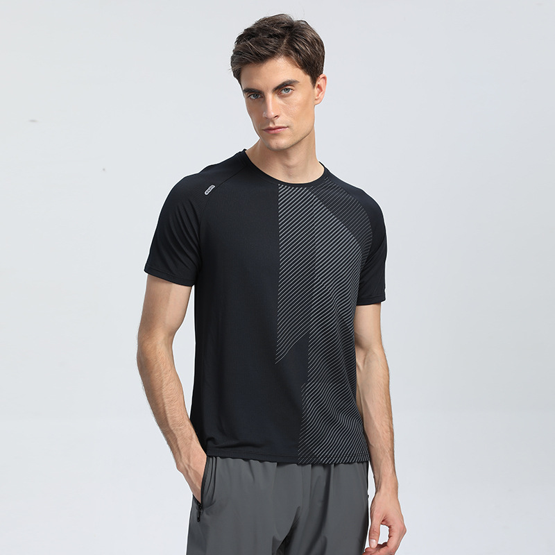 Deportes de los hombres de verano casual ropa de secado rápido de hielo de la manga corta ligero transpirable corriendo suelta fácil de secar camiseta en stock impreso B