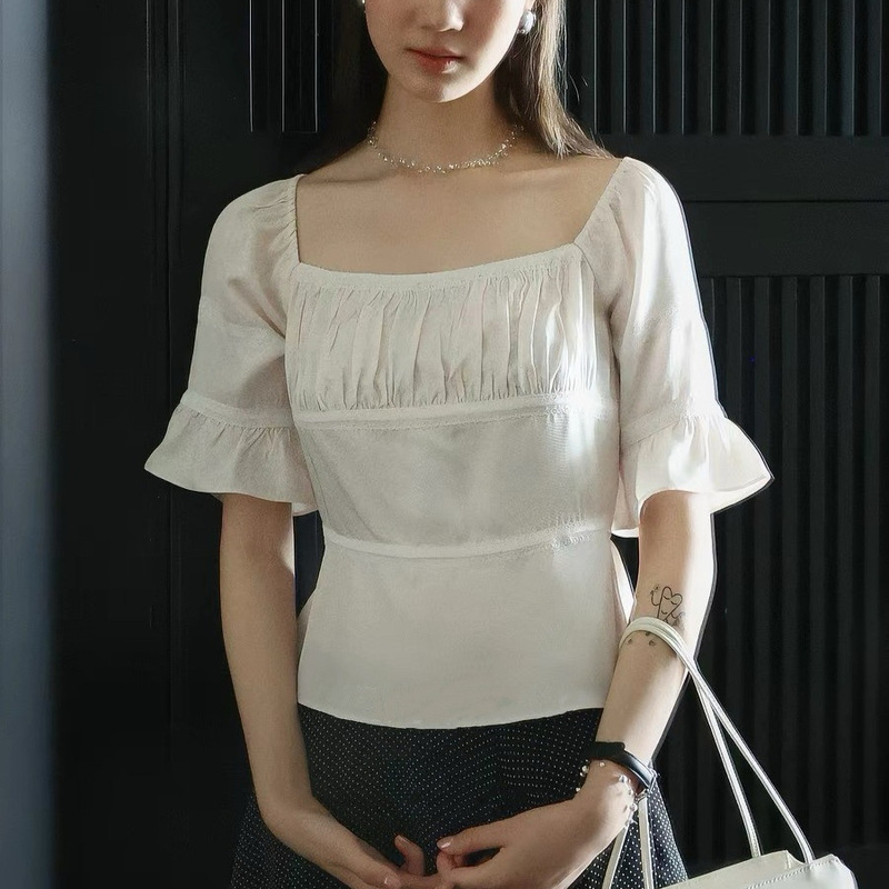 Lalglow Full Acetate French Puff Sleeve Slim Fit Lace Patchwork Short Sleeve Shirt Women's Square Neck Top Lalglow Full Acetate French Puff Sleeve Slim Fit Lace Patchwork Short Sleeve Shirt Women's Square Neck Top