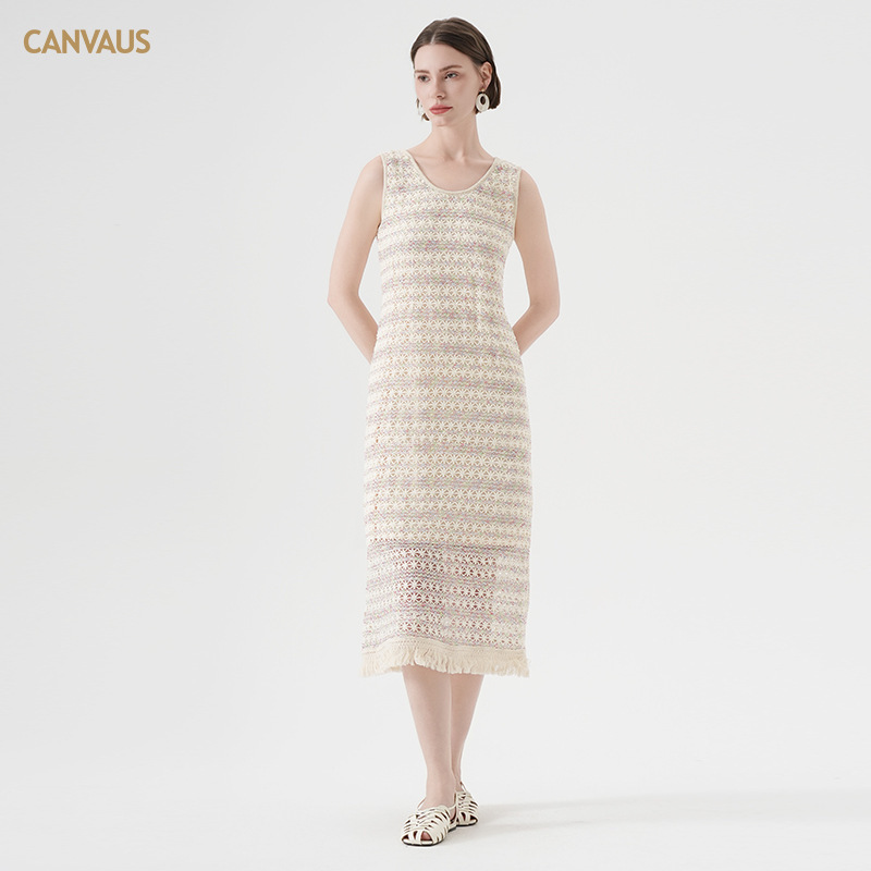 Canvaus Holiday Style Round Neck Dress Women's Summer New Design Crochet Tassel Mid-Length Vest Dress