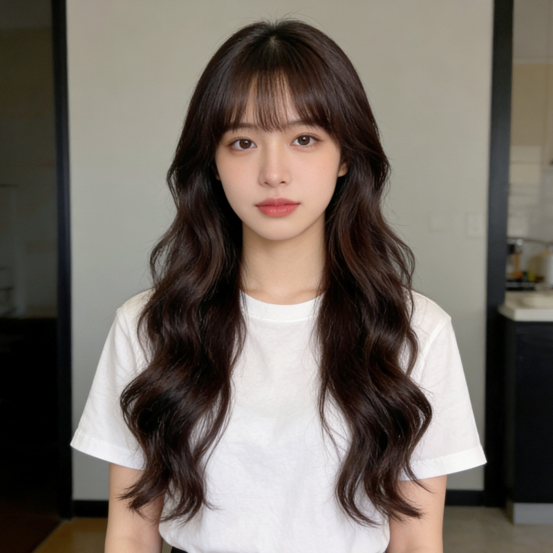 Japanese sweet sister shake shop hot long curly hair natural air bangs big wave whole top head cover wig in stock wholesale