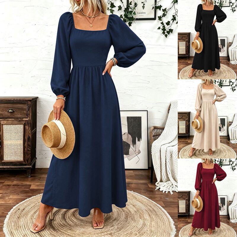 New European and American Bohemian Solid Color Square Neck Lantern Sleeve Slimming Long Dress