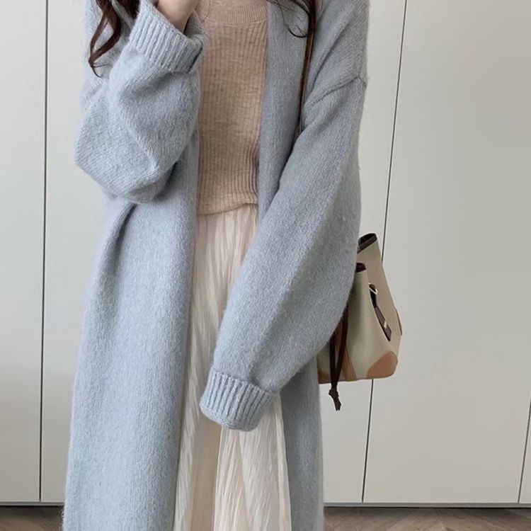 秋冬新款复古软糯毛衣开衫女宽松慵懒风过膝中长款针织外套上衣女