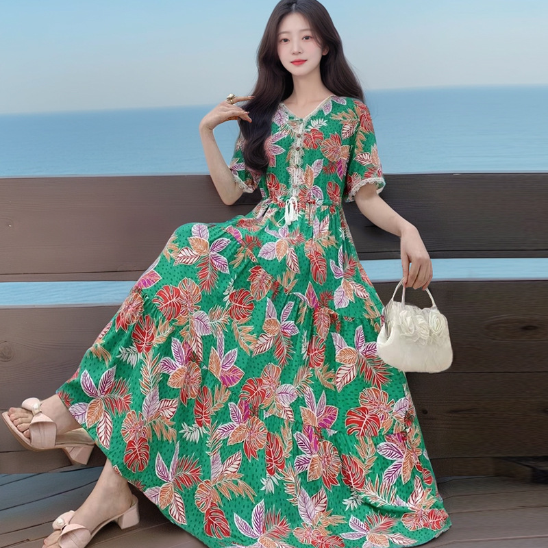 보헤미안 비치 원피스 국경 간 꽃 긴 원피스 여름 반팔 코튼 대형 스윙 원피스 V 넥 스트레치 허리 원피스