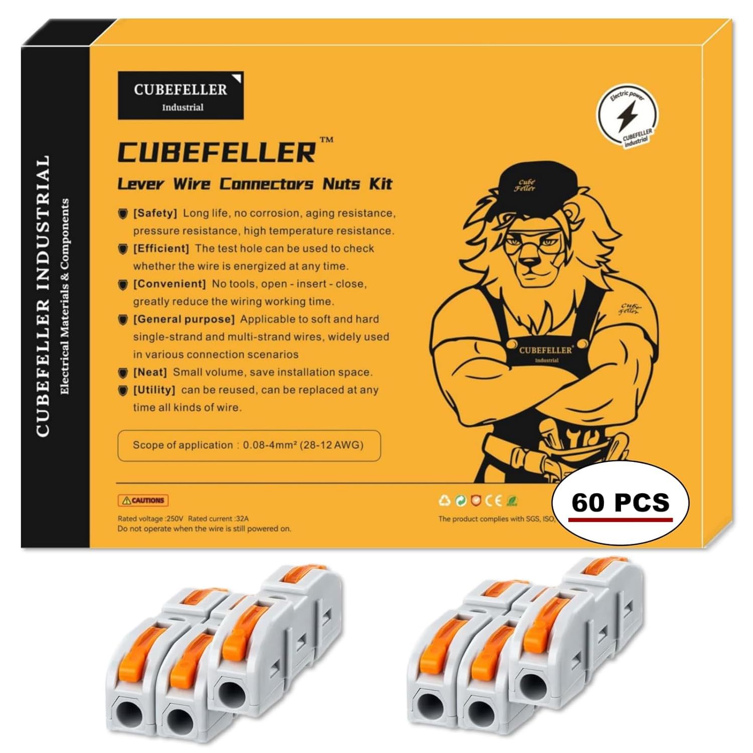 CUBEFELLER® 杠杆线连接器,60 个拼接连接器适用于 24-12 AWG 实