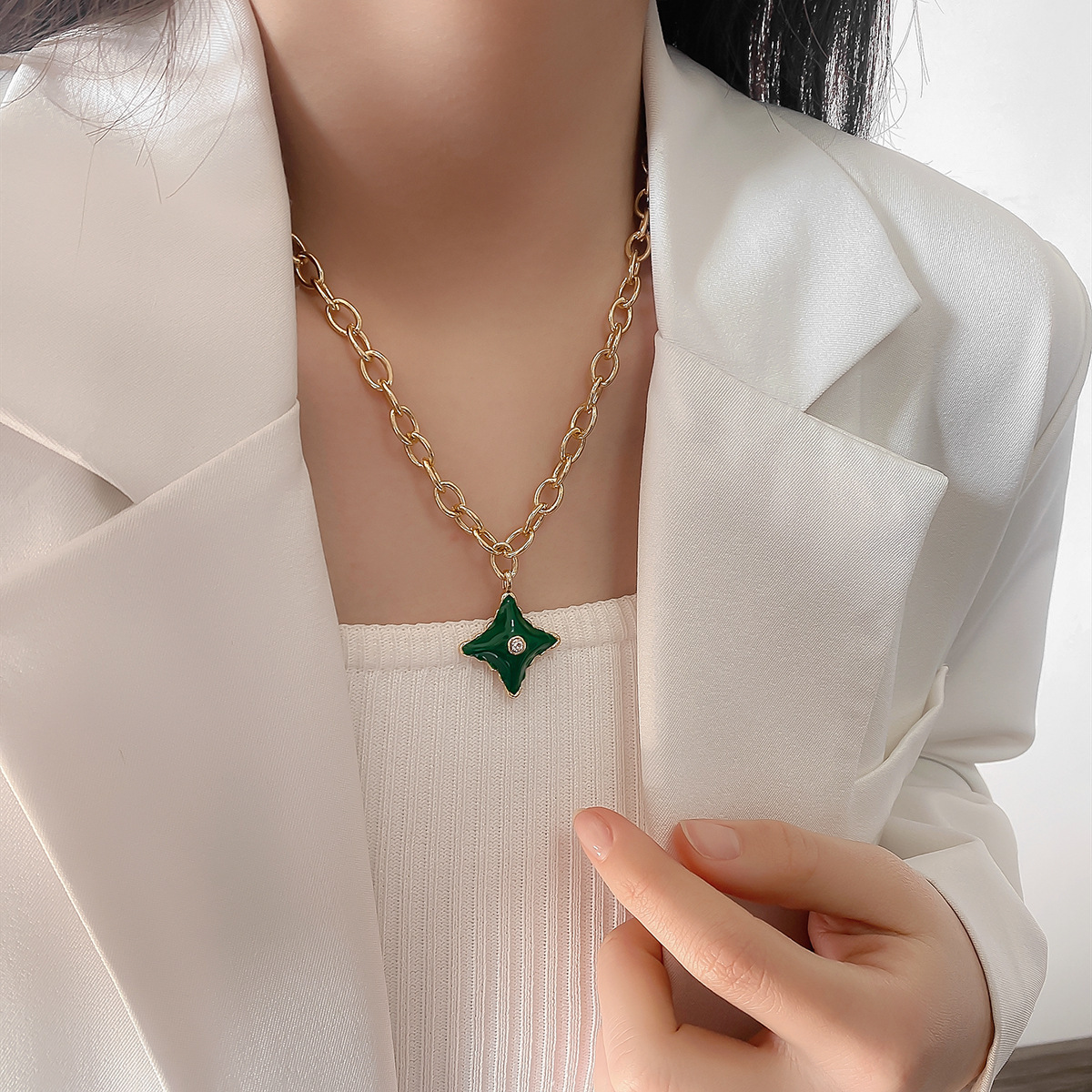 fashion hollow chain trend green fourcornered star titanium steel necklacepicture1