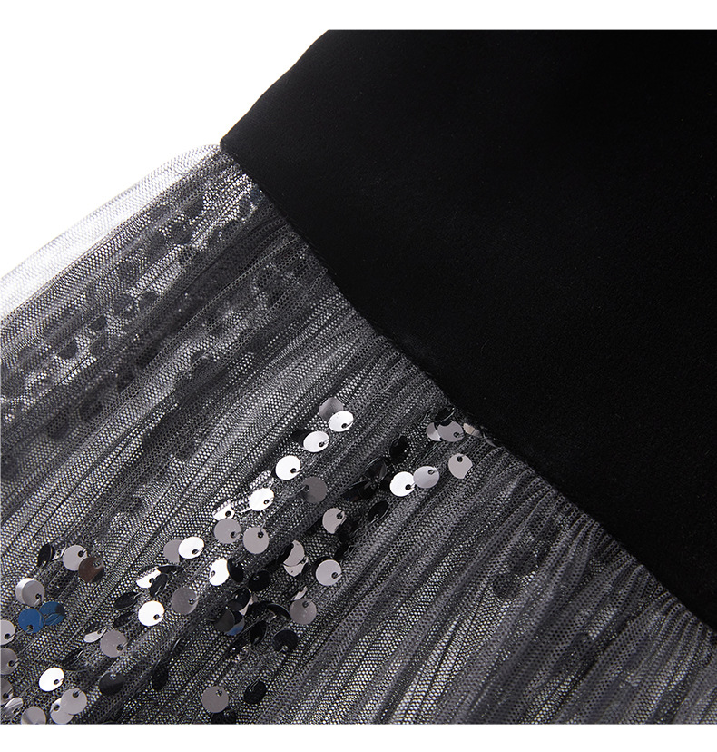 Đầm maxi nữ thắt eo phối lưới đính sequin và nhung — Màu đen chi tiết 16