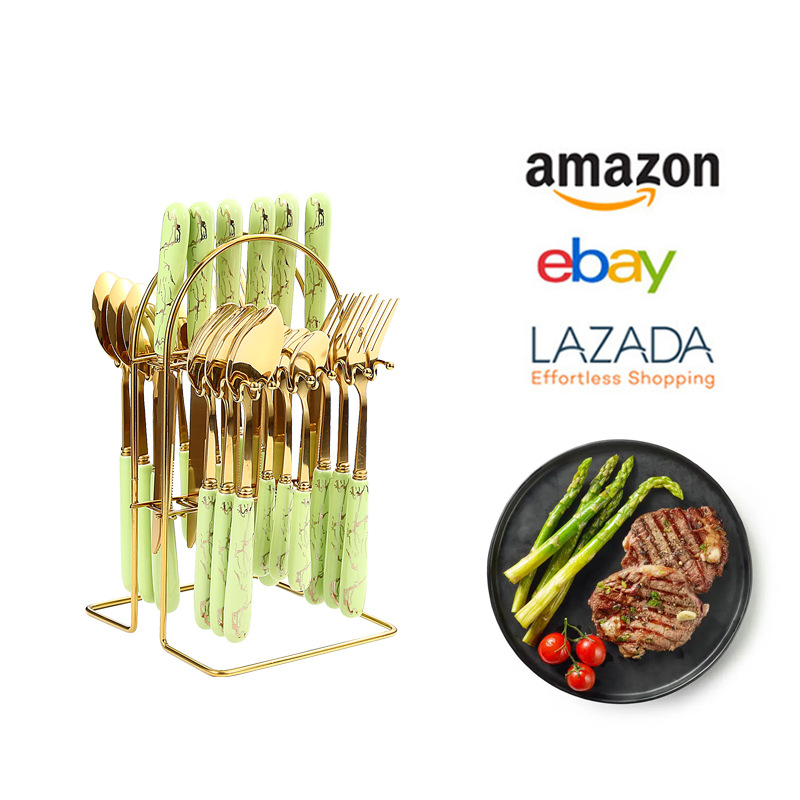 Amazon Tik Tok popular Luz de lujo de cerámica manejar cuatro piezas principales vajilla de acero inoxidable 24 piezas traje de cuchillos, tenedores y cucharas