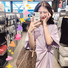 2024紫色连衣裙女夏装新款春法式显瘦高级设计感小众休闲t恤裙子