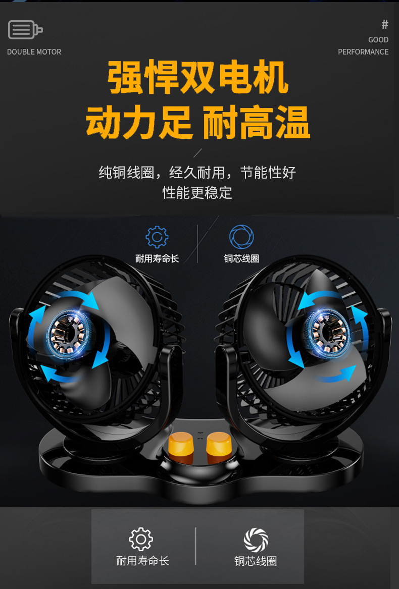 Car-Mounted Small Fan 24V for Vehicles, Strong Wind, Silent Cooling, 360-Degree Rotation ° 10inch Dual-Head USB High-Power Electric Fan