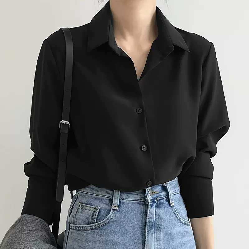 跨境新款黑色雪纺纯色衬衫女宽松纯色港味打底气质时尚黑色衬衣