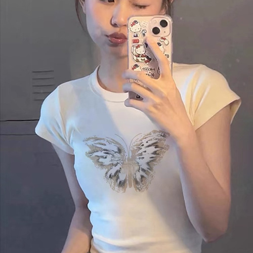 French sweet babes short short-sleeved t-shirt women's new style unique and chic slim design beautiful waist top