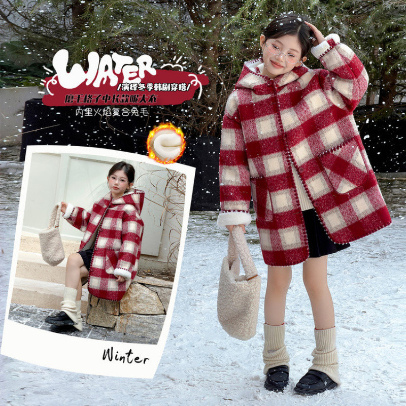 Zhili children's plaid woolen coat for girls, autumn and winter 2025 new style, fleece-lined, thickened for older children.