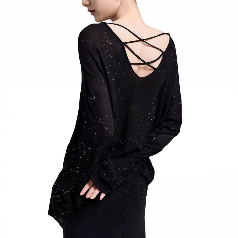Lightweight Sequin Black Knitted Long-Sleeve T-Shirt with Back Cutout for Women, Summer 2025, Loose and Casual Cover-Up with Sequins