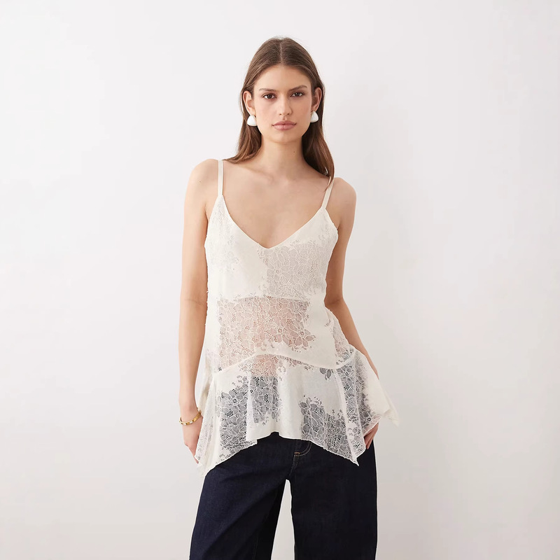 French-Style Heavy Lace Camisole for Women, Summer Irregular Mid-Length Hollow-Out Ruffle Vacation Top French-Style Heavy Lace Camisole for Women, Summer Irregular Mid-Length Hollow-Out Ruffle Vacation Top