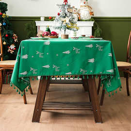 跨境美式圣诞鹿刺绣绿色桌布节日氛围感圣诞防尘茶几餐桌桌垫