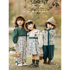 Wulibu Yi Girls Forest Floral Suit Casual Pants Spring Style Embroidered Doll Collar Shirt Printed Suspender Skirt