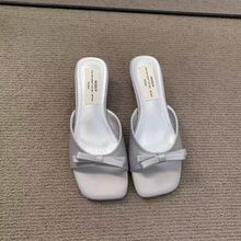 2025新款网红蝴蝶结粗跟气质高跟凉拖韩式温柔仙女一字拖鞋女外穿