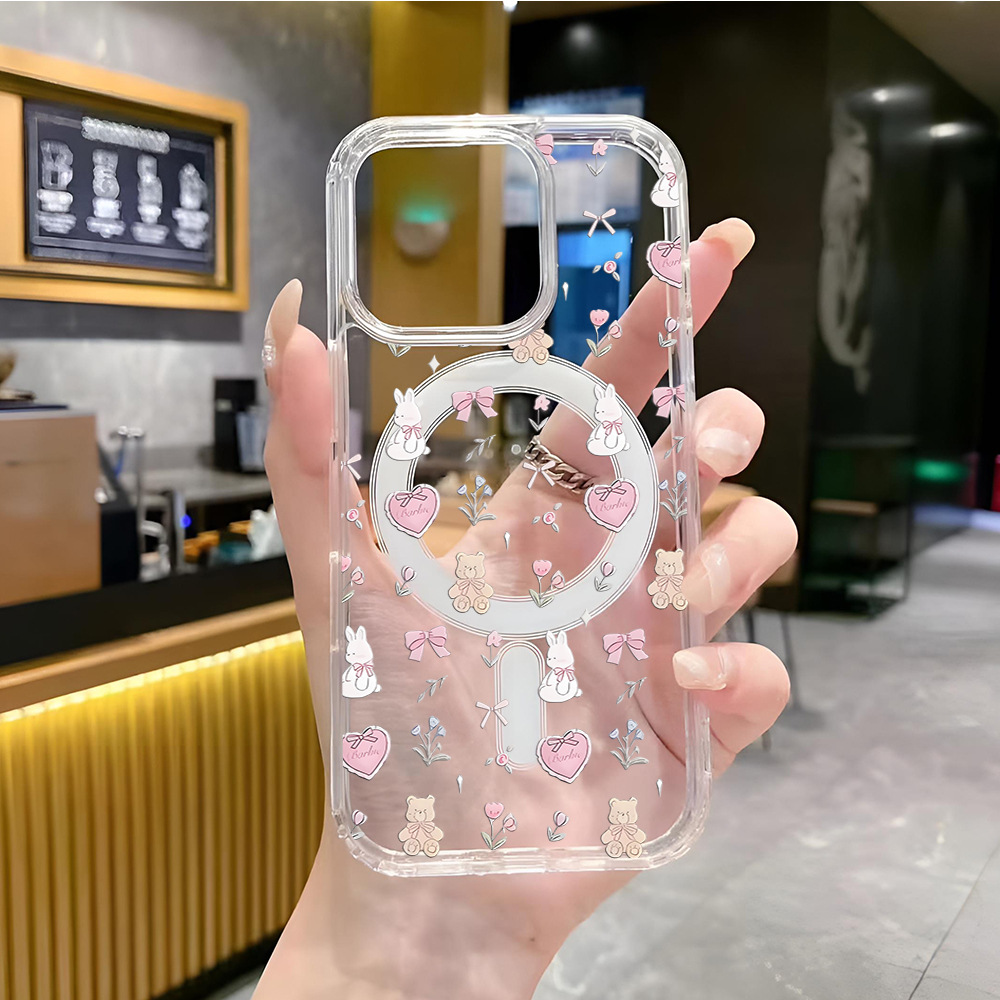 小熊碎花透明壳适用iphone16带磁吸苹果15手机壳亚克力硬壳17批发