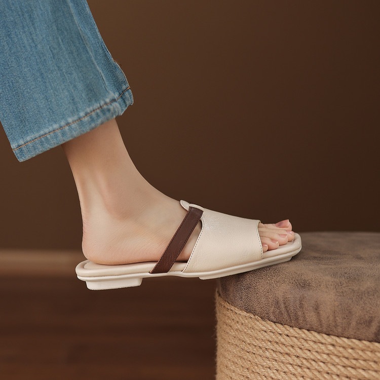 Dép sandal nữ xỏ ngón đế bệt phối màu hở mũi thời trang — màu trắng ngà, màu mơ chi tiết 28