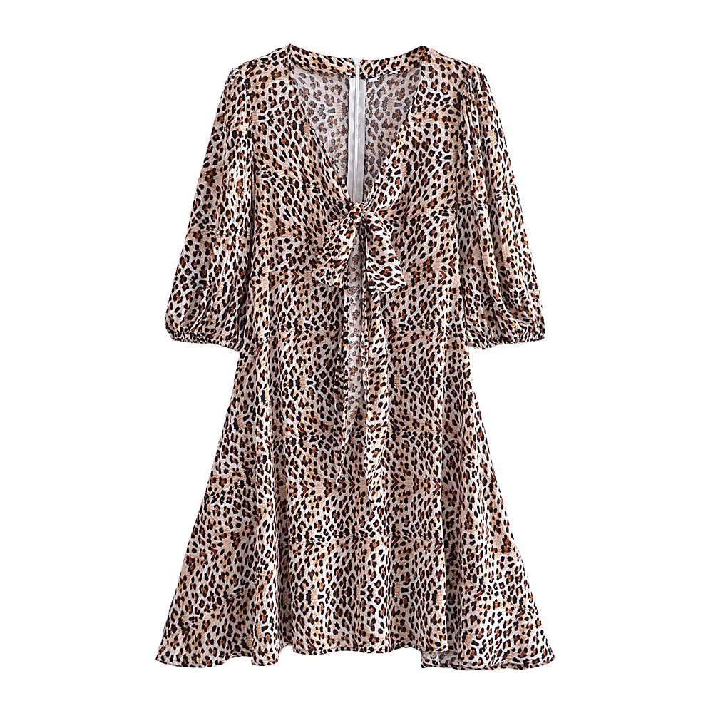 lace-up mid-sleeve v neck slim leopard print dress NSAM127549