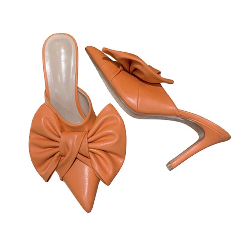 Orange PU pointed stiletto heel bowknot Muller slippers white black high heel slippers foreign trade plus size