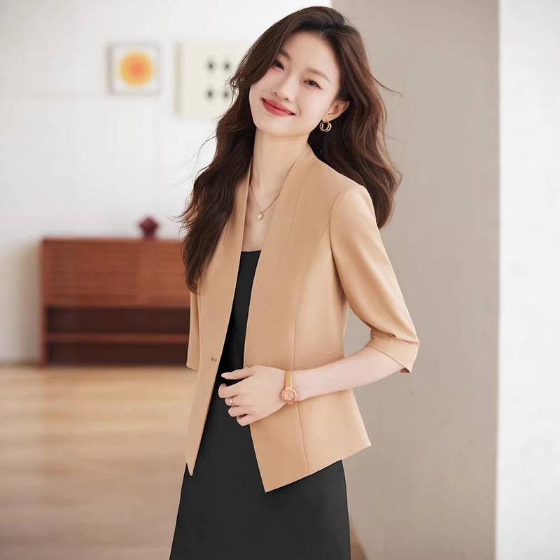 Women's Summer Thin Blazer 2026 New Short Style High-End Professional Mid-Sleeve Collarless Suit Dress Set Women's Summer Thin Blazer 2026 New Short Style High-End Professional Mid-Sleeve Collarless Suit Dress Set
