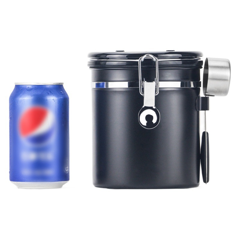 Frasco sellado para granos de café, de acero inoxidable 304, con válvula de ventilación, frasco de almacenamiento hermético y transpirable con cuchara, frasco para conservar la frescura del café