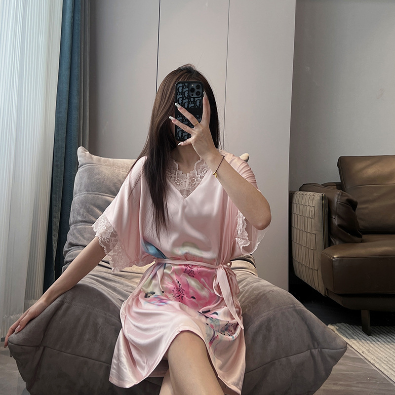 Super Soft Nightgown for Women, Summer Korean Style Home Dress, Ice Silk Texture, Can Be Worn Outside, Sexy Thin Lace Nightgown Super Soft Nightgown for Women, Summer Korean Style Home Dress, Ice Silk Texture, Can Be Worn Outside, Sexy Thin Lace Nightgown