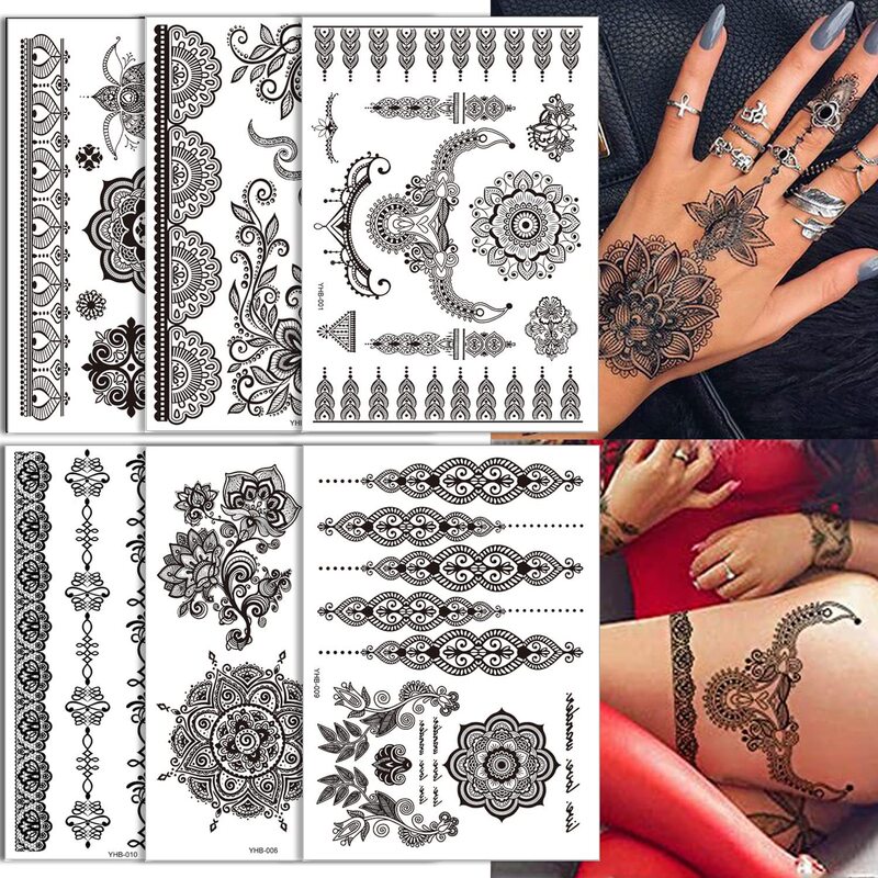 Black Lace Tattoo Stickers Manufacturer Wholesale Waterproof Temporary Tattoo Stickers Bride Black and White Modern Minimalist
