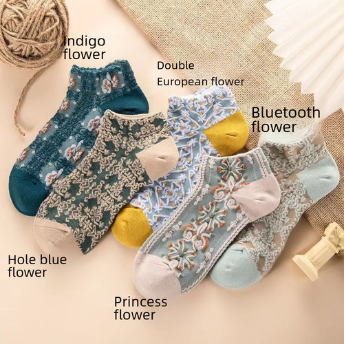 Retro socks for women's short socks literary palace sailboat socks floral new trendy socks for summer women's socks cotton breathable and sweet