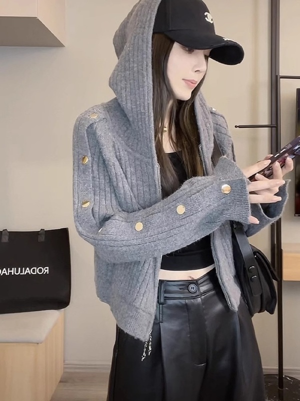 双拉链连帽短款针织开衫女2025新款小众时尚休闲慵懒毛衣外套上衣|undefined
