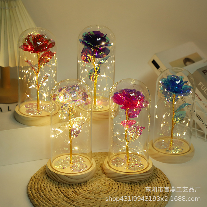 520永生花仿真LED發光玻璃燈罩玫瑰花金箔裝飾生日禮物亞馬遜派對