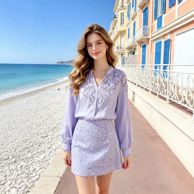 Nanyou Quality 2026 Spring New French Resort Style Embroidered Hollow V-Neck Shirt Loose Slimming Ramie Blouse Nanyou Quality 2026 Spring New French Resort Style Embroidered Hollow V-Neck Shirt Loose Slimming Ramie Blouse