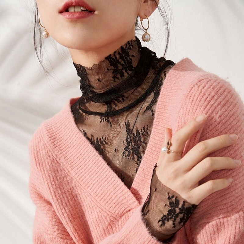 2026 New High-Neck Lace Base Shirt for Women, Autumn Vintage Mesh Stylish Turtleneck Long-Sleeve Top