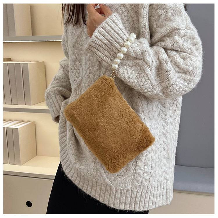 135g Weight Synthetic Leather Lining Material Pearls, Sewing Thread Fashion Element Zipper Closure Type Top Handle Strap Type Handbag Bags Type Casual, Shopping Occasion Plush Material Solid Color Pattern Winter Season Women's Gender Elegant Style Square Shape Women's Plush Solid Color Elegant Pearls Sewing Thread Square Zipper Handbag 无