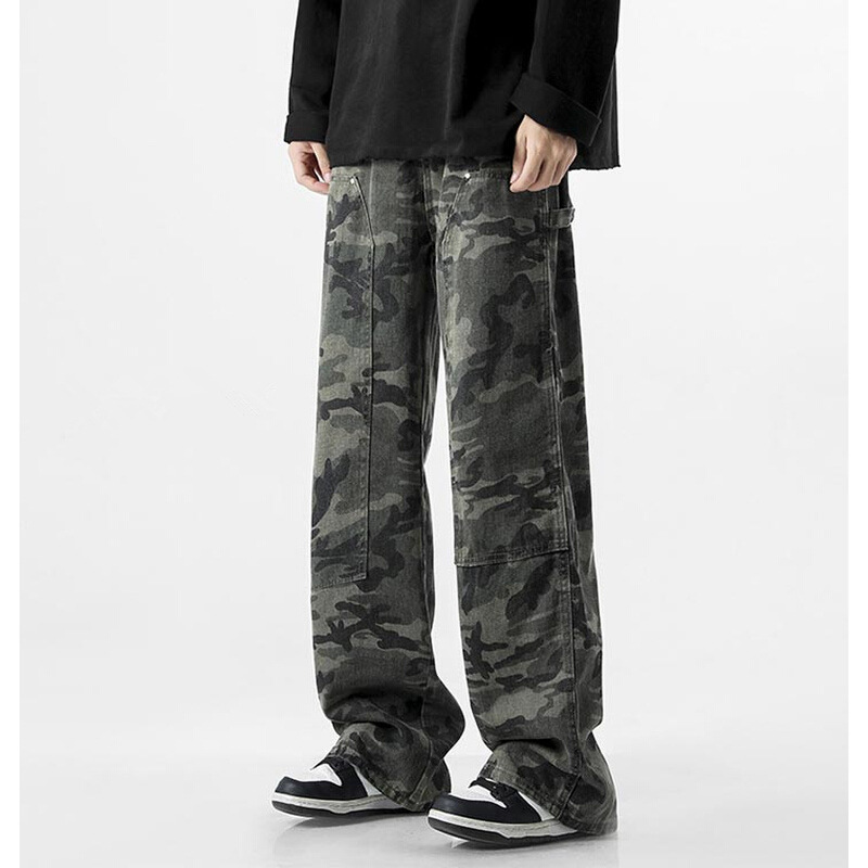 Estilo americano pesado camuflaje jeans hombres primavera y otoño retro hiphop recto mono ejército verde ancho-pierna mopping pantalones moda