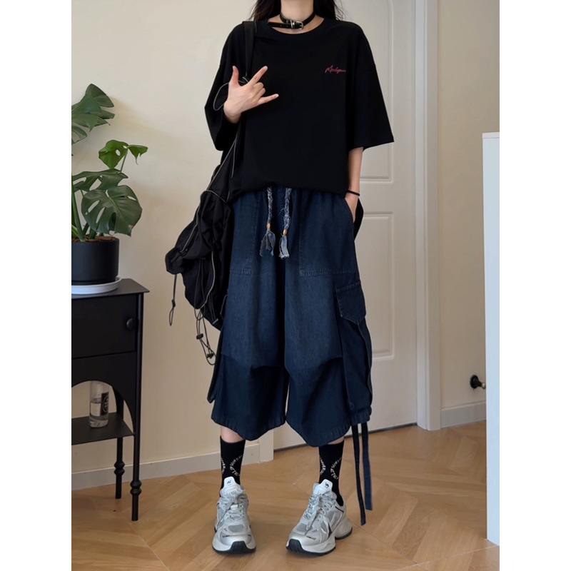 American-Style Pleated Work Shorts for Men and Women, Summer Thin Style with Large Pockets, Ribbon Straight-Leg Pants, High-Waisted Denim Capri Pants