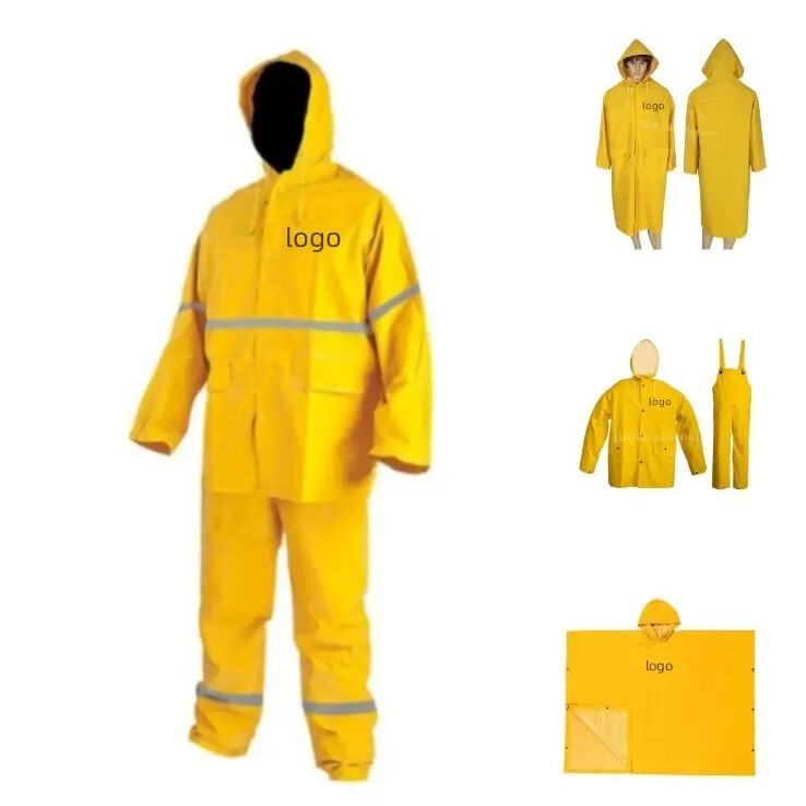 Customized Yellow Hooded Raincoat Patch Leather Pvc Single and Double Patch Raincoat and Rain Pants Set Construction Site Labor Protection Rain Jacket