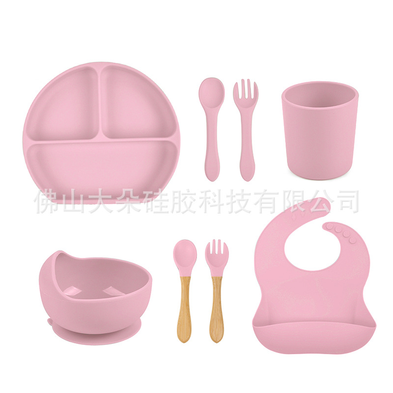 Precio bajo de la fábrica libre combinación de silicona bebé placa niños suplemento alimenticio tazón cuchara taza de agua babero traje