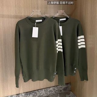 学院风T*B军绿色毛衣 秋季经典四道杠套头针织衫男女情侣跨境代发